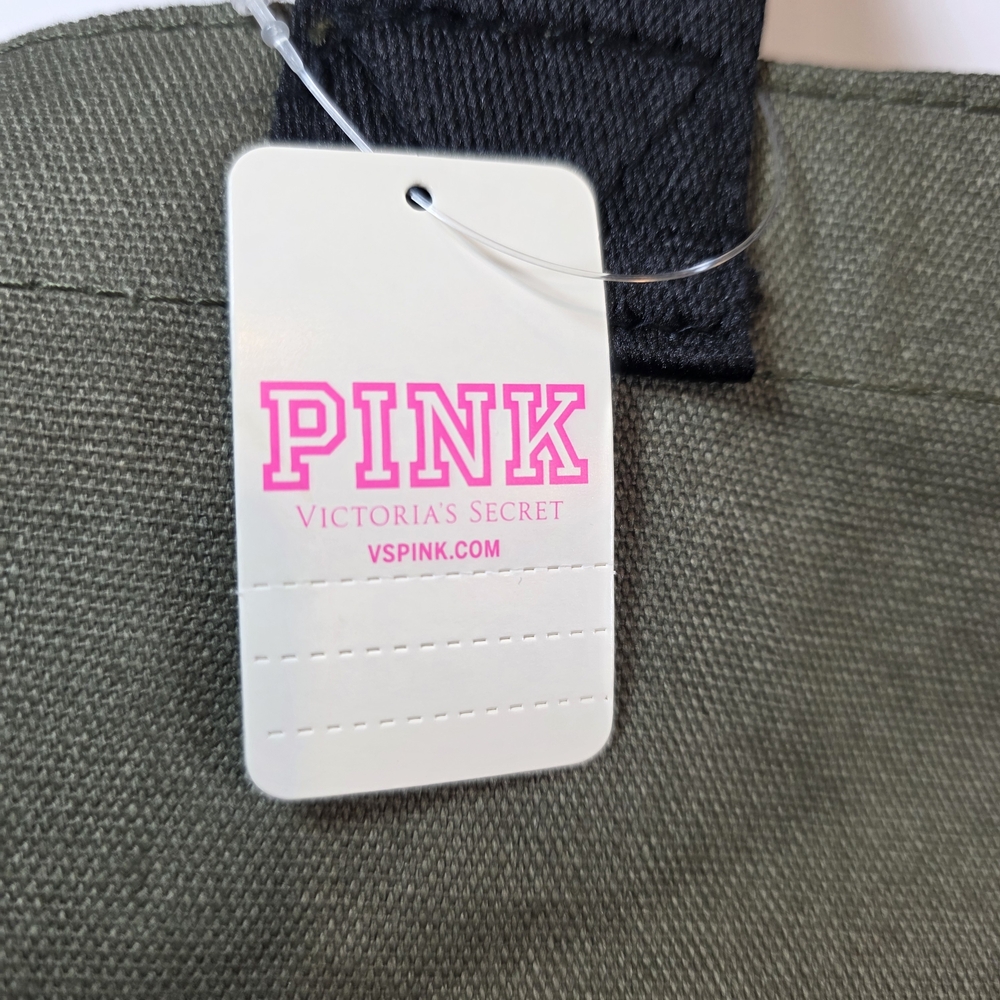 Victoria’s Secret PINK Canvas Tote Bag Olive Green Large Shopper New With Tags - Picture 5 of 10